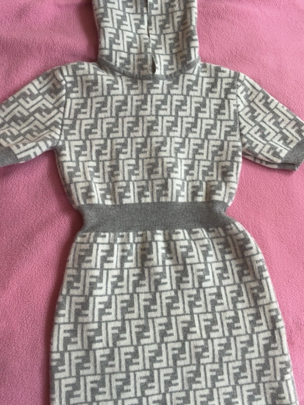 Fendi Grey and White Monogram Hooded Knit Dress - Kids